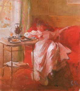 Dame lisant sur un canapé rouge - Curt Herrmann